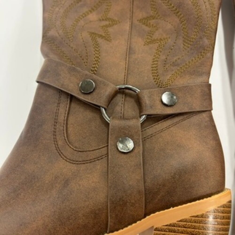 Brown Western Cowboy Boots Size‎ 39.5 / 9.5 Harness Mid Calf Stacked Heel - Picture 3 of 8